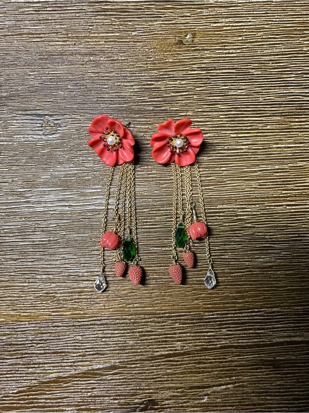 Coral Flower Drop Earrings with Green Crystal and Strawberry Charms